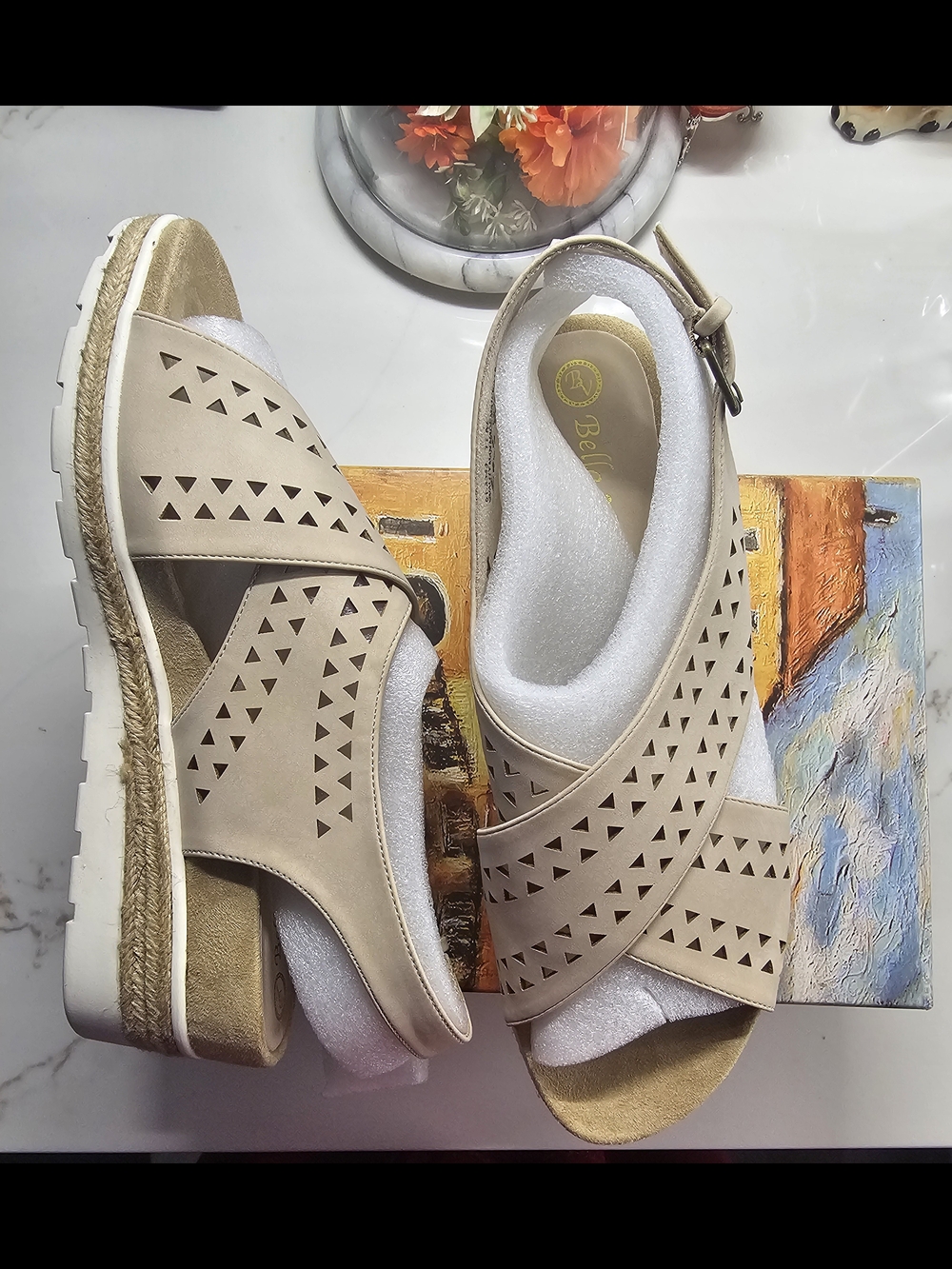 Bella Vita Neutral Cutout Espadrille Wedge Sandals